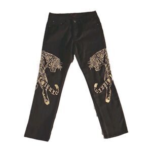 Liquor N Poker Black Button Fly Jeans Gold Embroidered Tiger Size 32R RARE